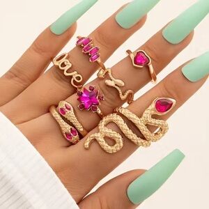 Pink Gemstone Snake Heart Gold  Ring Set 7pc